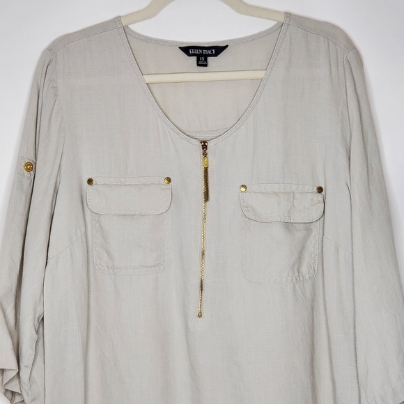 Ellen Tracy LINEN Zip Front Shirt Size 1X Pockets Roll Tab Sleeves Coastal Top - Picture 3 of 13